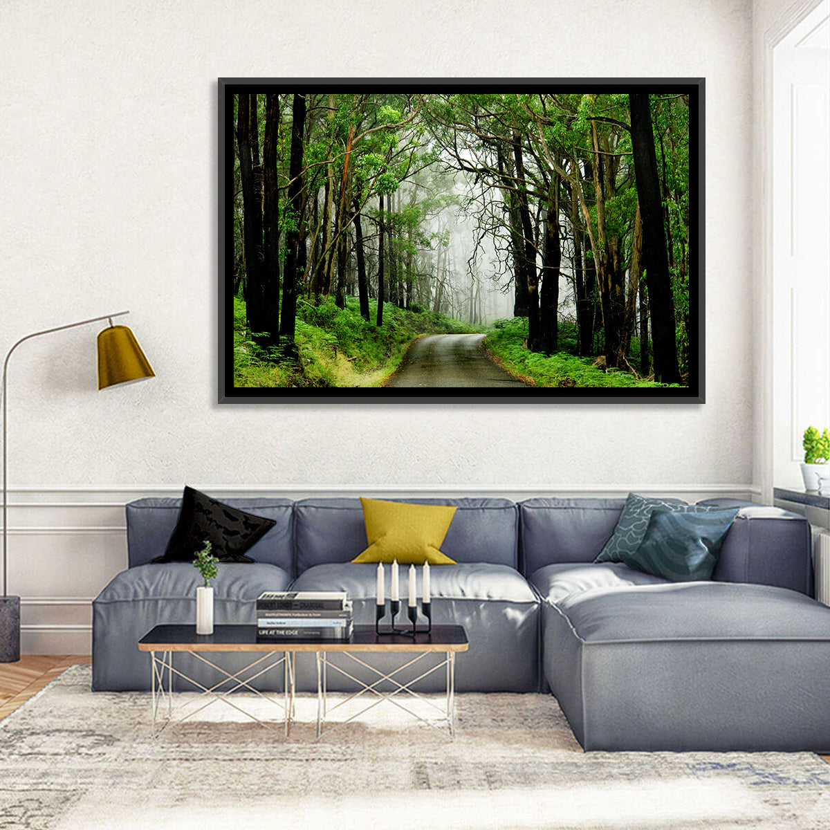 Misty Eucalyptus Road Wall Art in a room, landscape