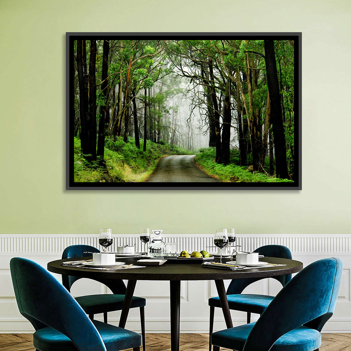 Misty Eucalyptus Road Wall Art in a room, landscape