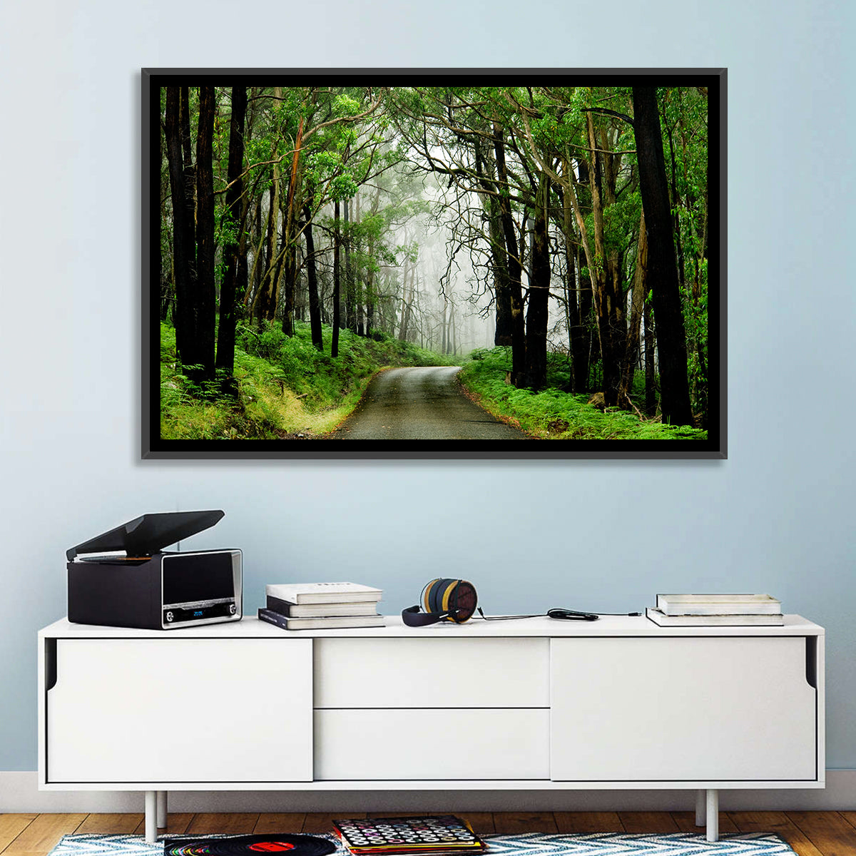 Misty Eucalyptus Road Wall Art in a room, landscape