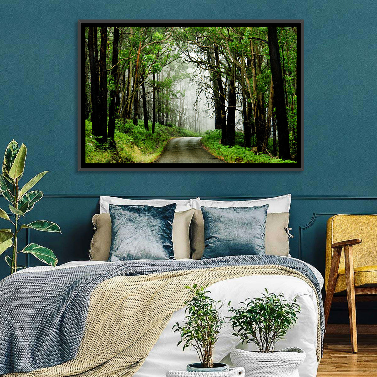 Misty Eucalyptus Road Wall Art in a room, landscape