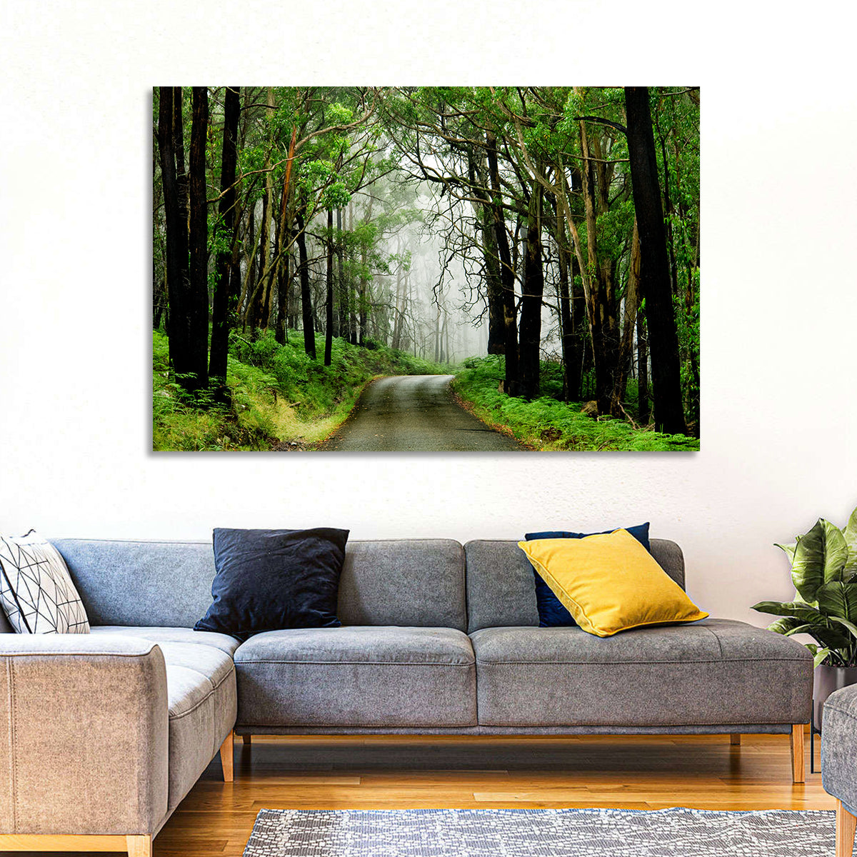 Misty Eucalyptus Road Wall Art in a room, landscape