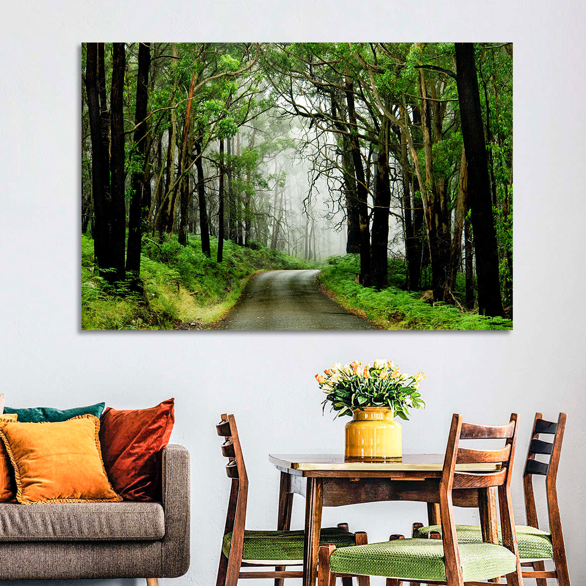 Misty Eucalyptus Road Wall Art in a room, landscape