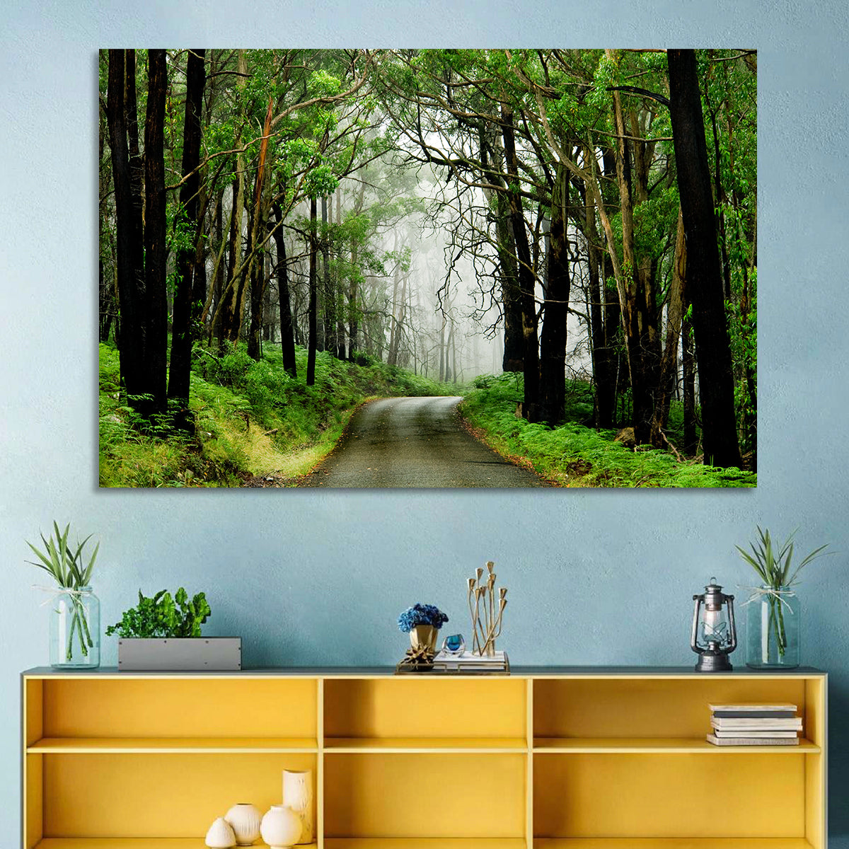 Misty Eucalyptus Road Wall Art in a room, landscape