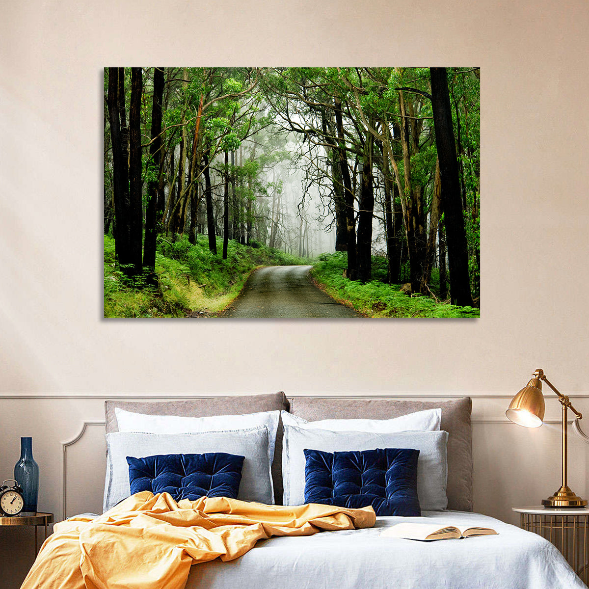 Misty Eucalyptus Road Wall Art in a room, landscape