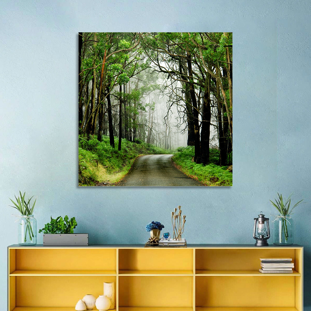 Misty Eucalyptus Road Wall Art in a room, landscape