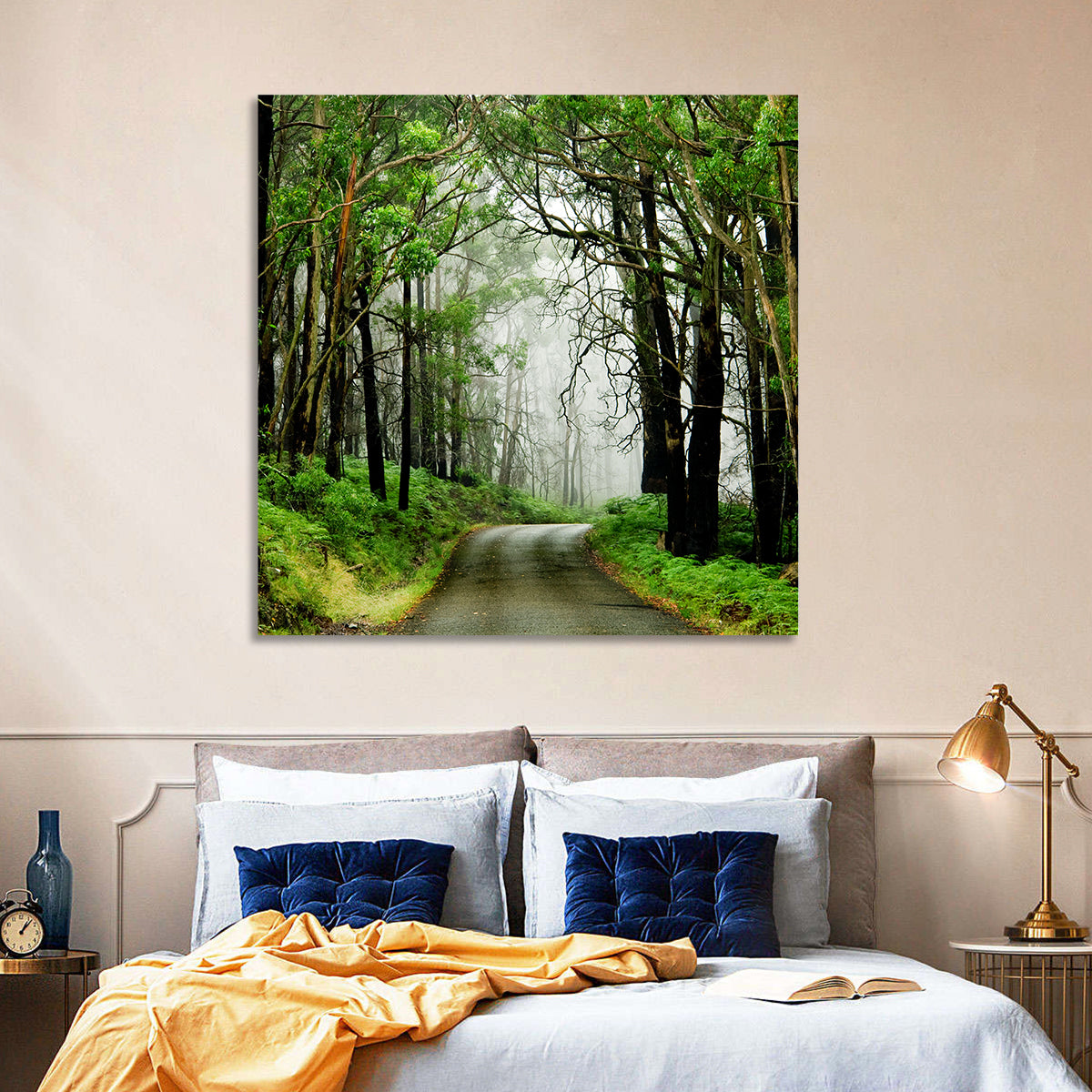 Misty Eucalyptus Road Wall Art in a room, landscape