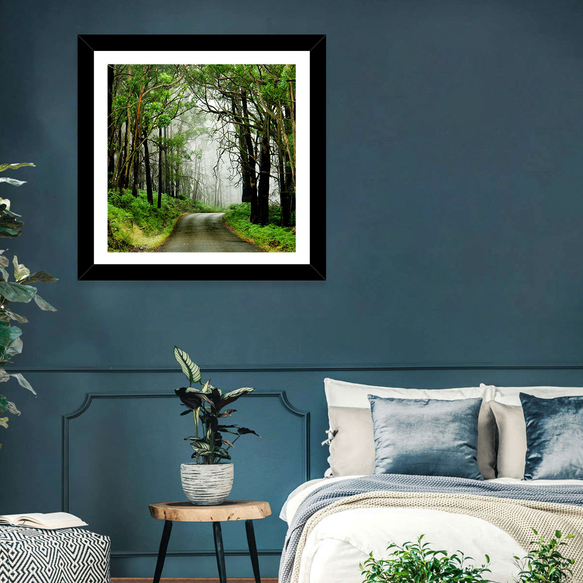 Misty Eucalyptus Road Wall Art in a room, landscape