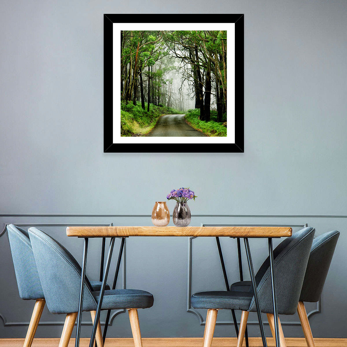 Misty Eucalyptus Road Wall Art in a room, landscape