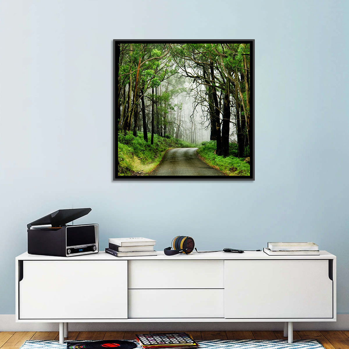 Misty Eucalyptus Road Wall Art in a room, landscape