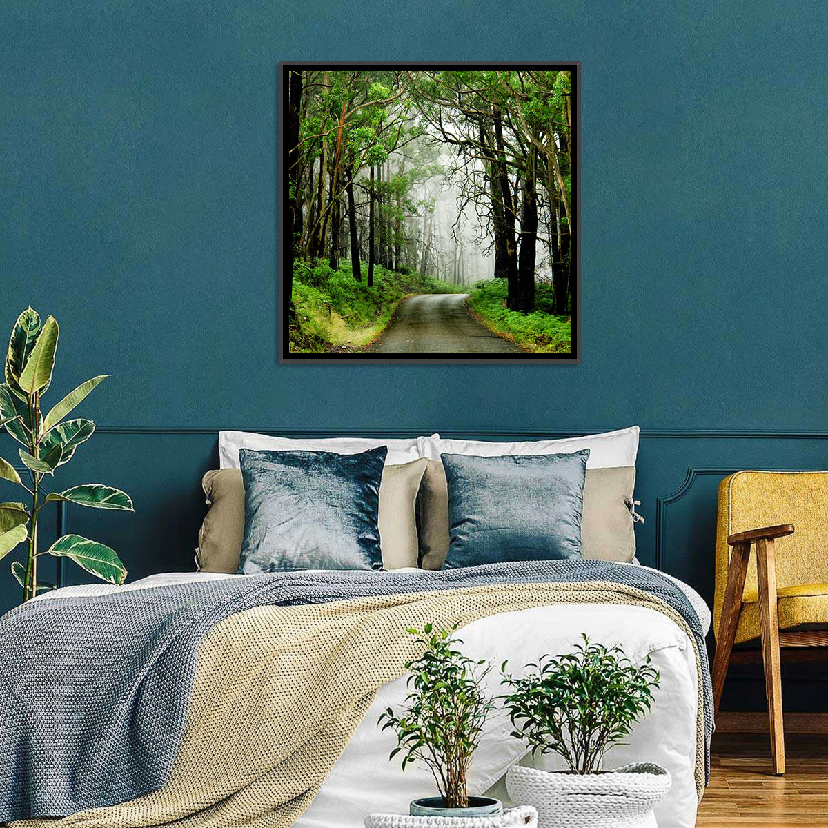 Misty Eucalyptus Road Wall Art in a room, landscape