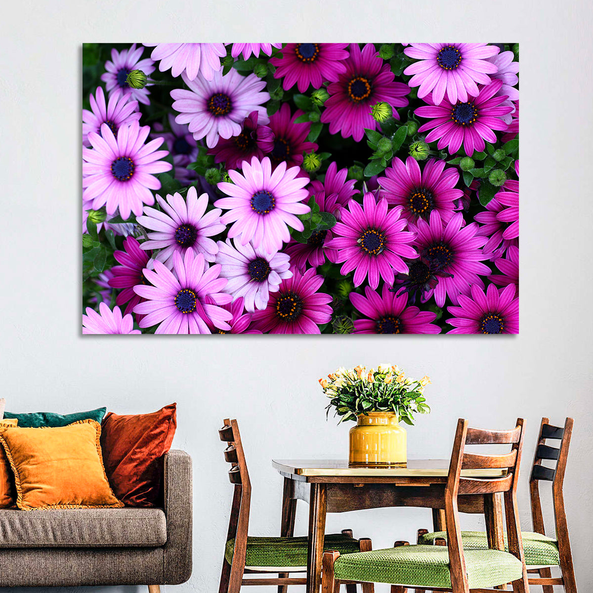 Pink and Purple Daisies Wall Art in a room, landscape
