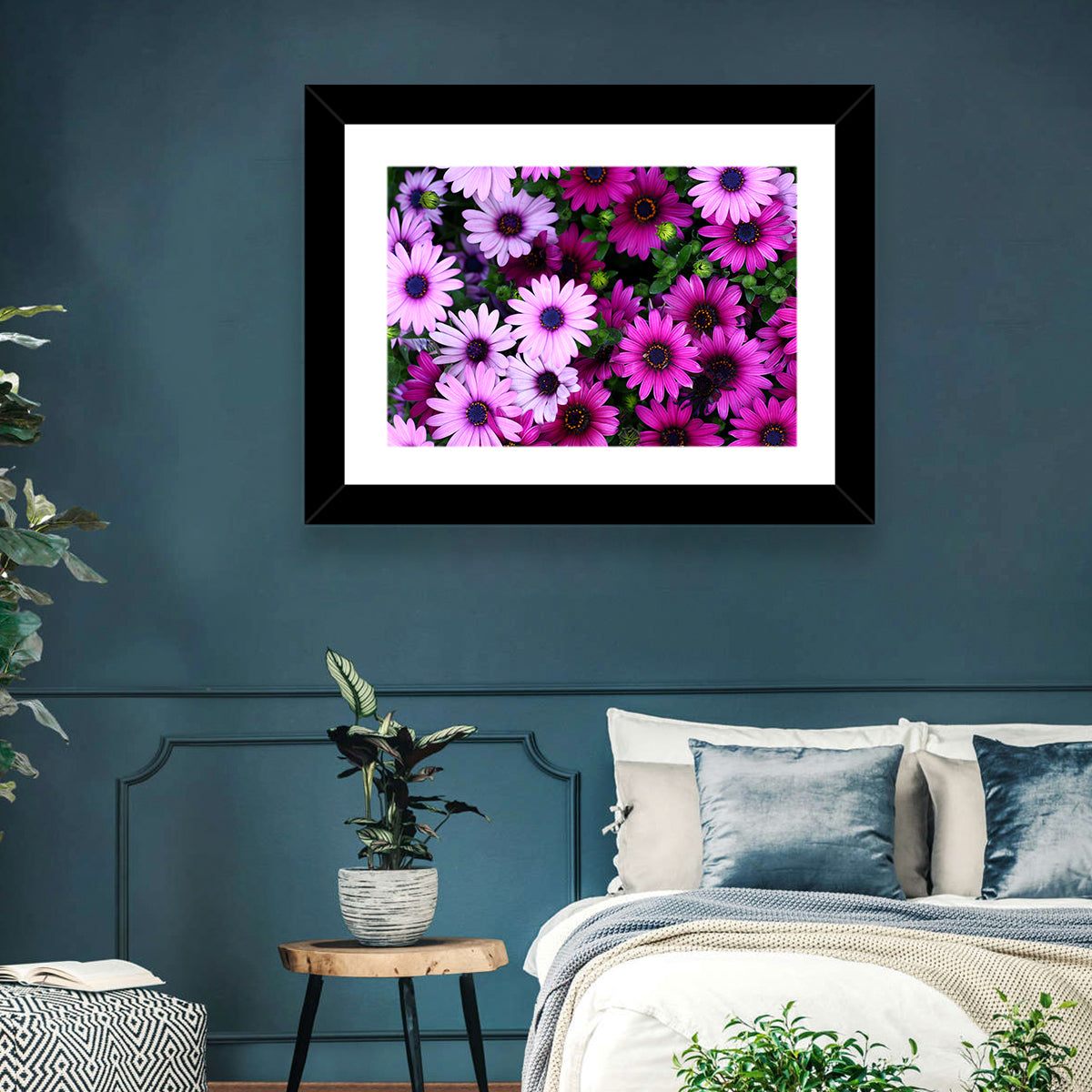Pink and Purple Daisies Wall Art in a room, landscape