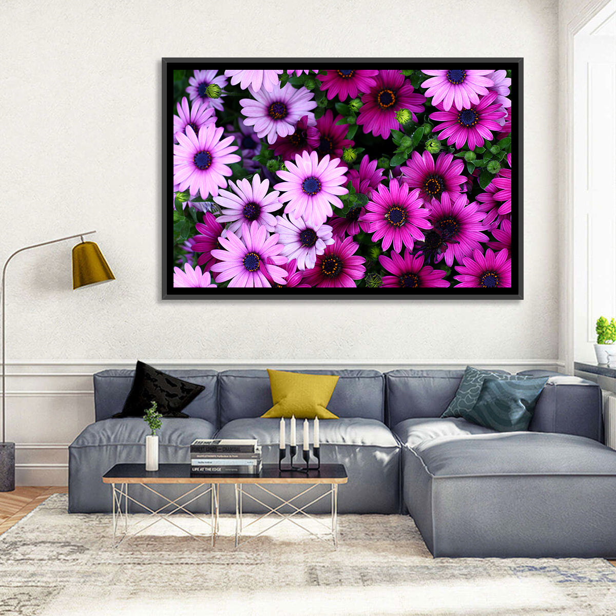Pink and Purple Daisies Wall Art in a room, landscape