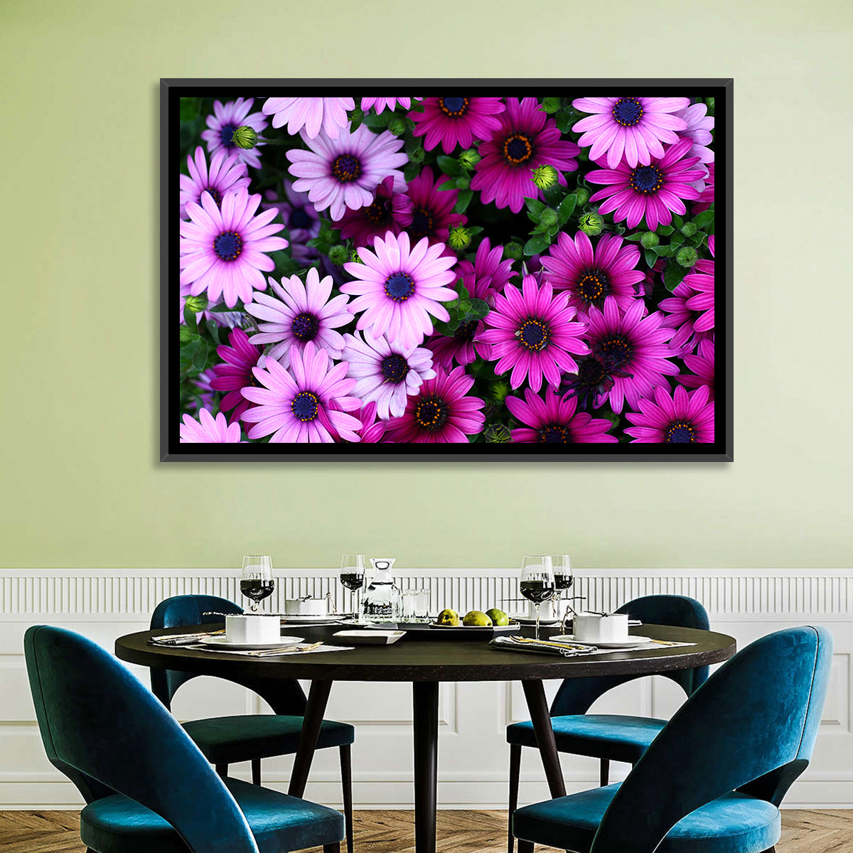 Pink and Purple Daisies Wall Art in a room, landscape