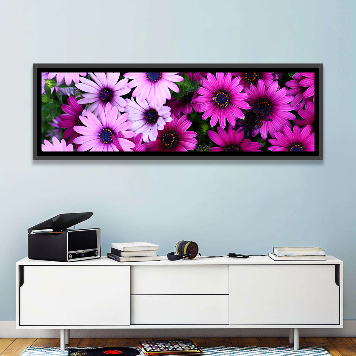 Pink and Purple Daisies Wall Art in a room, landscape