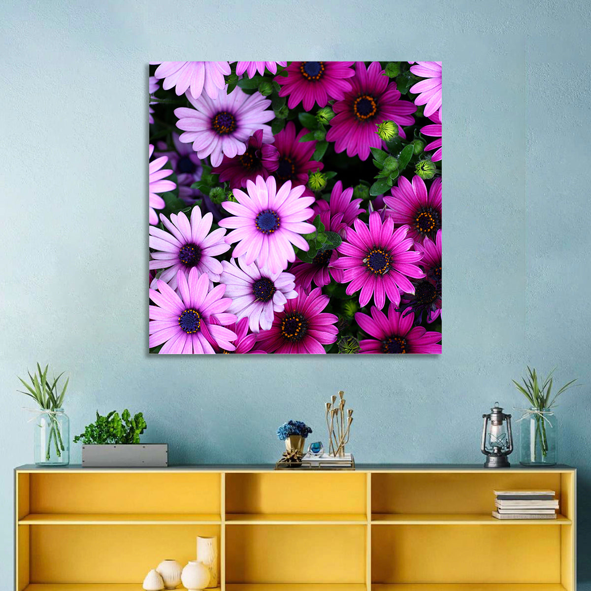 Pink and Purple Daisies Wall Art in a room, landscape