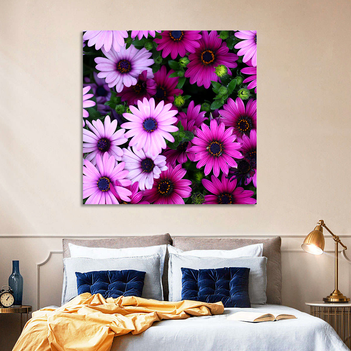 Pink and Purple Daisies Wall Art in a room, landscape