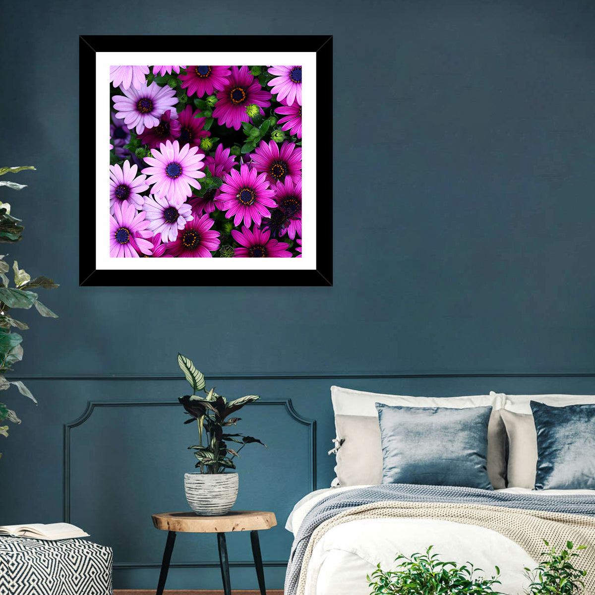 Pink and Purple Daisies Wall Art in a room, landscape