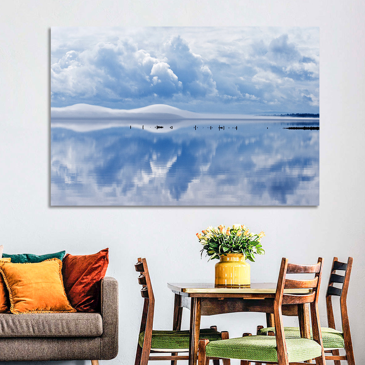 Siljan Lake Mist Reflection Wall Art in a room, square