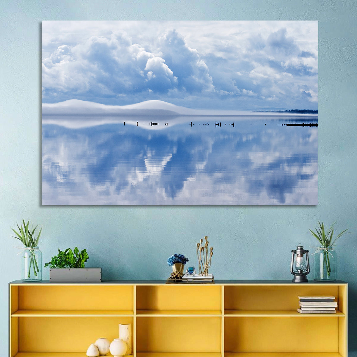 Siljan Lake Mist Reflection Wall Art in a room, square