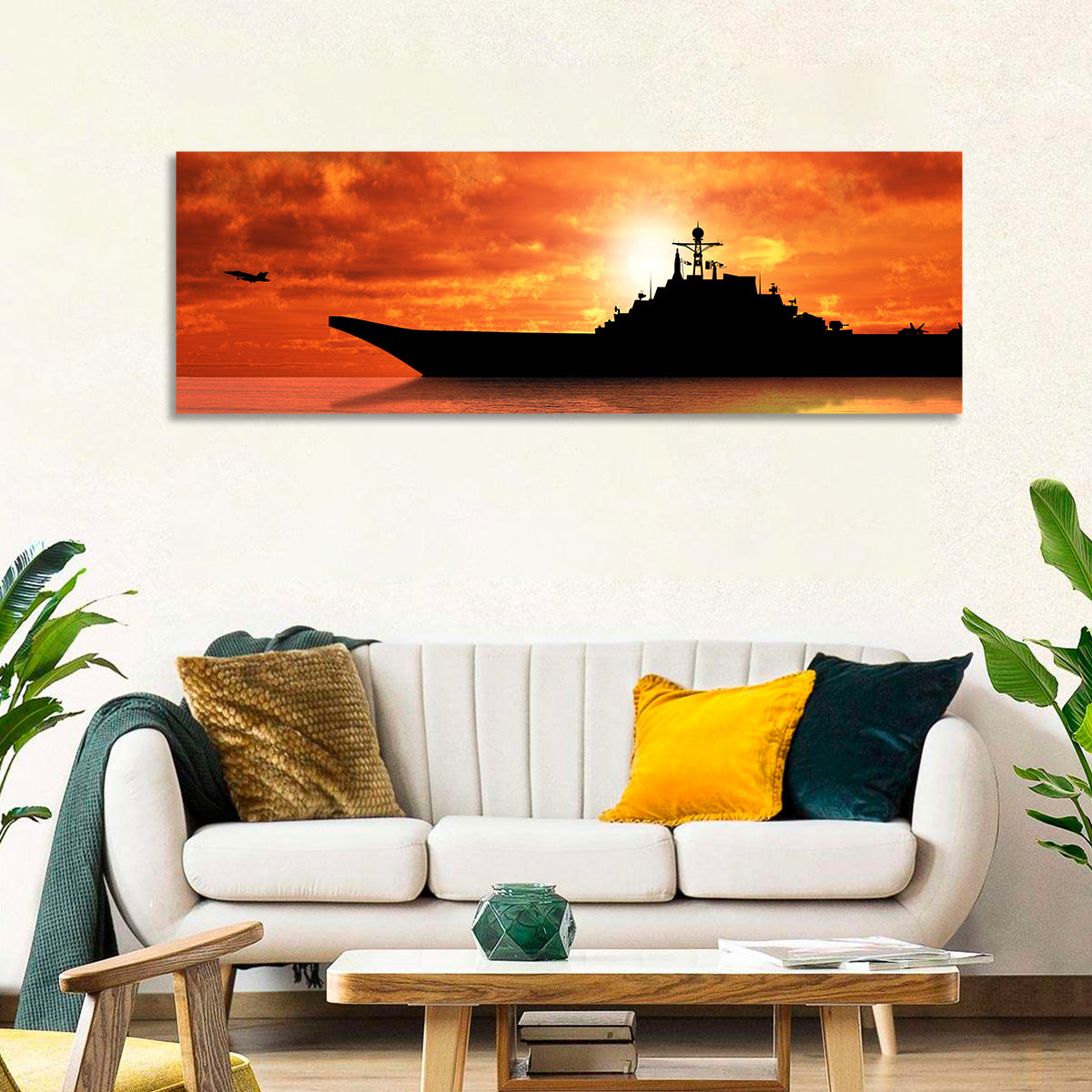 Sunset Aircraft Carrier Silhouette Wall Art in a room, panoramic