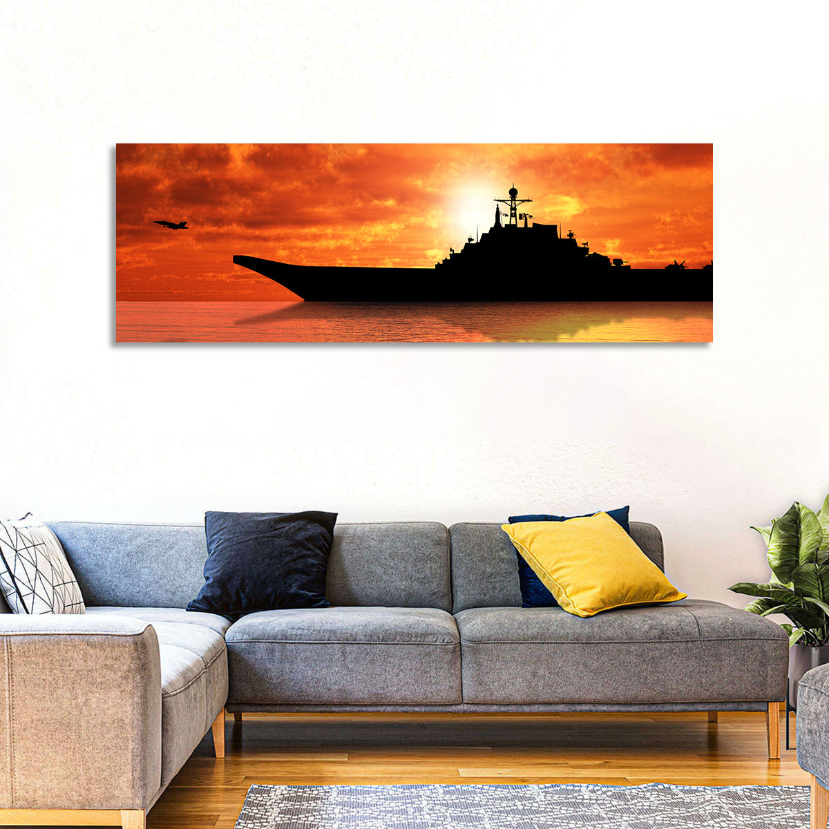 Sunset Aircraft Carrier Silhouette Wall Art in a room, panoramic