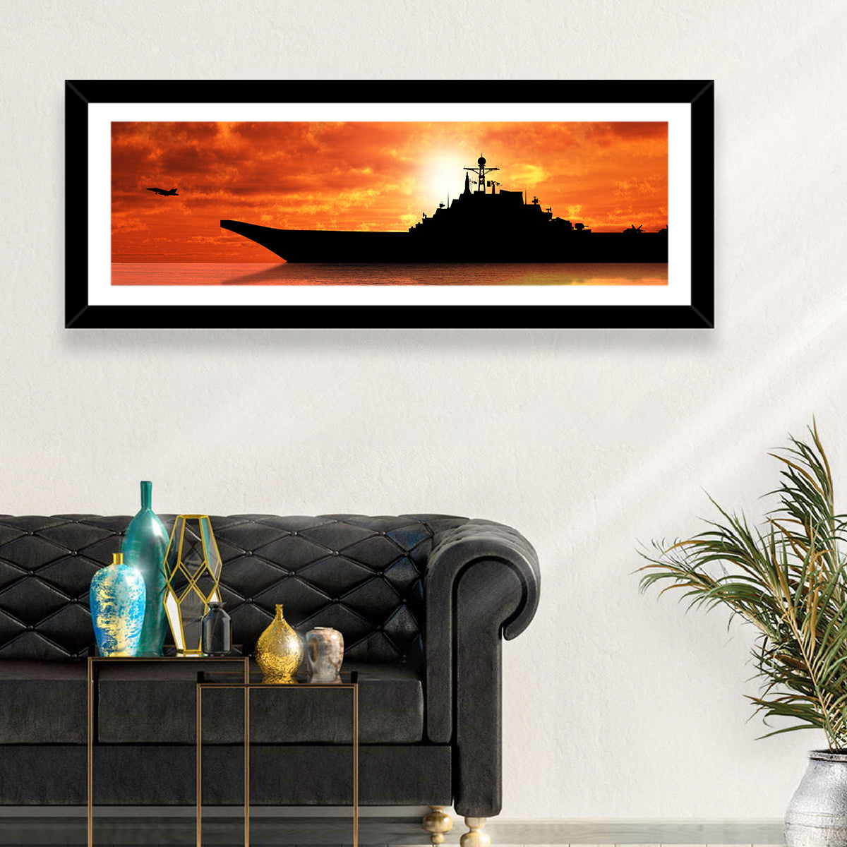 Sunset Aircraft Carrier Silhouette Wall Art in a room, panoramic