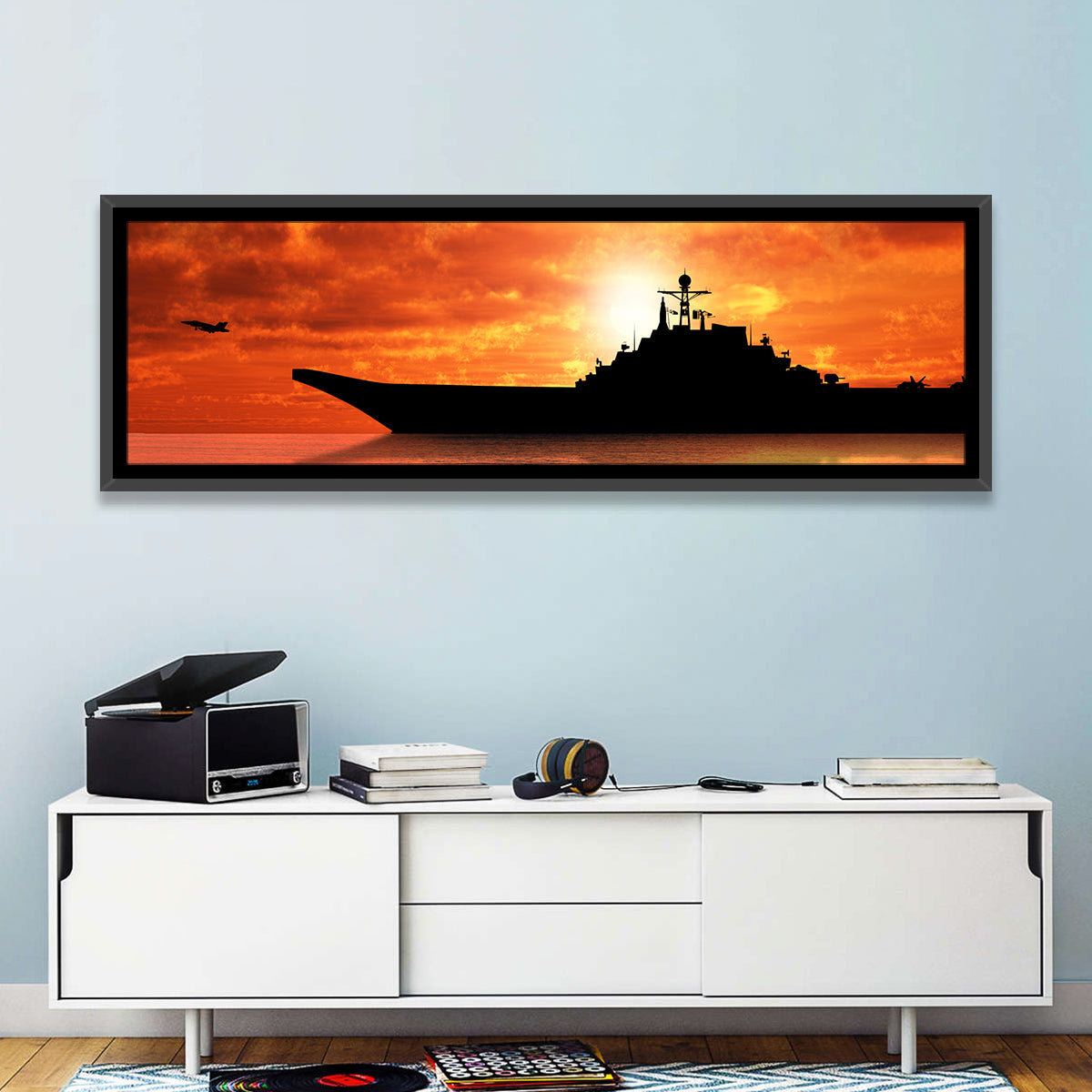 Sunset Aircraft Carrier Silhouette Wall Art in a room, panoramic