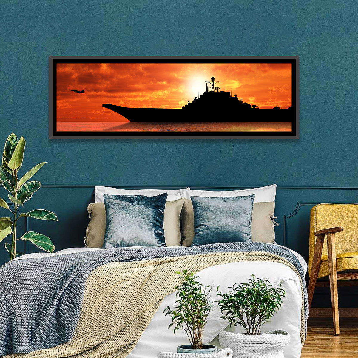 Sunset Aircraft Carrier Silhouette Wall Art in a room, panoramic