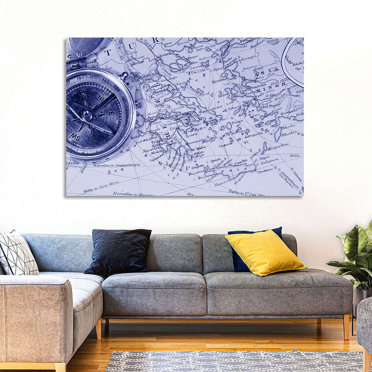 Aegean Nautical Map with Compass Wall Art