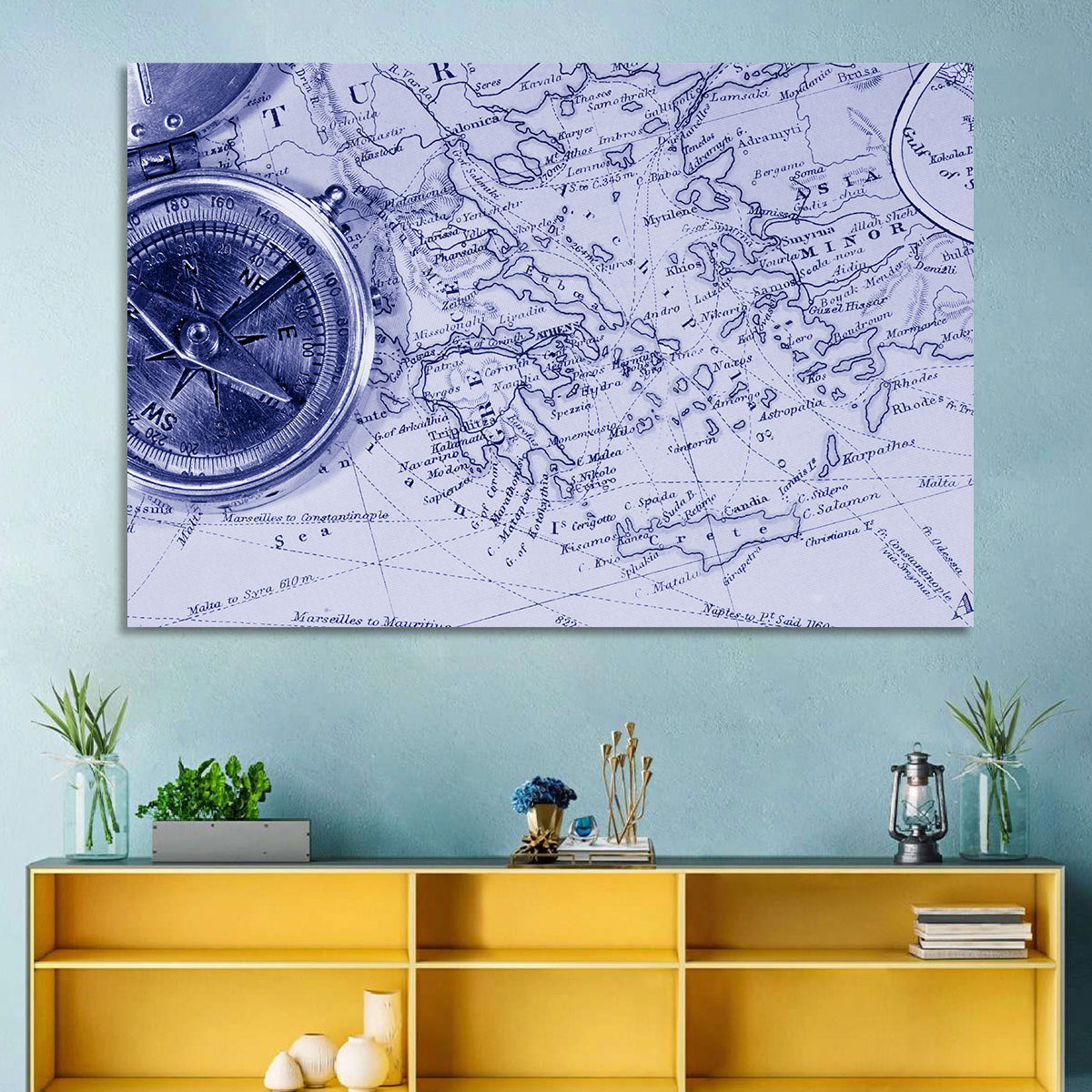 Aegean Nautical Map with Compass Wall Art