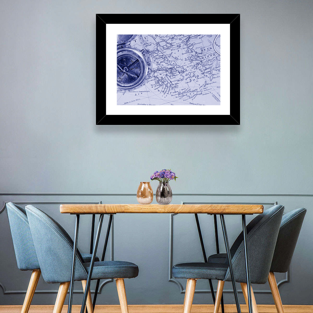 Aegean Nautical Map with Compass Wall Art in a room, landscape
