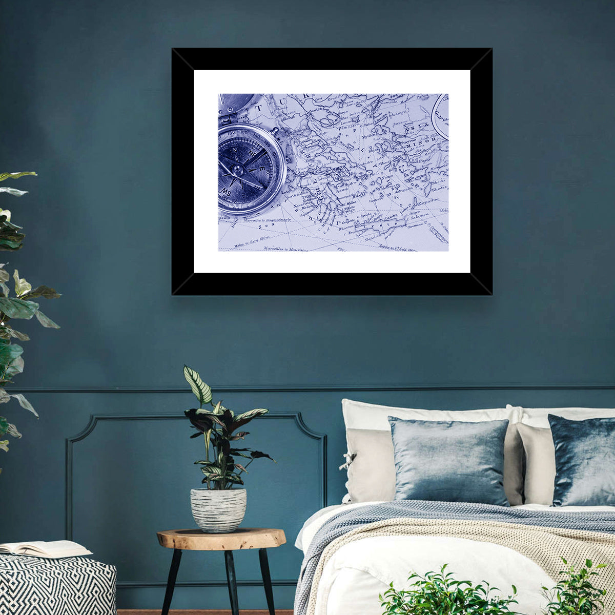 Aegean Nautical Map with Compass Wall Art in a room, landscape