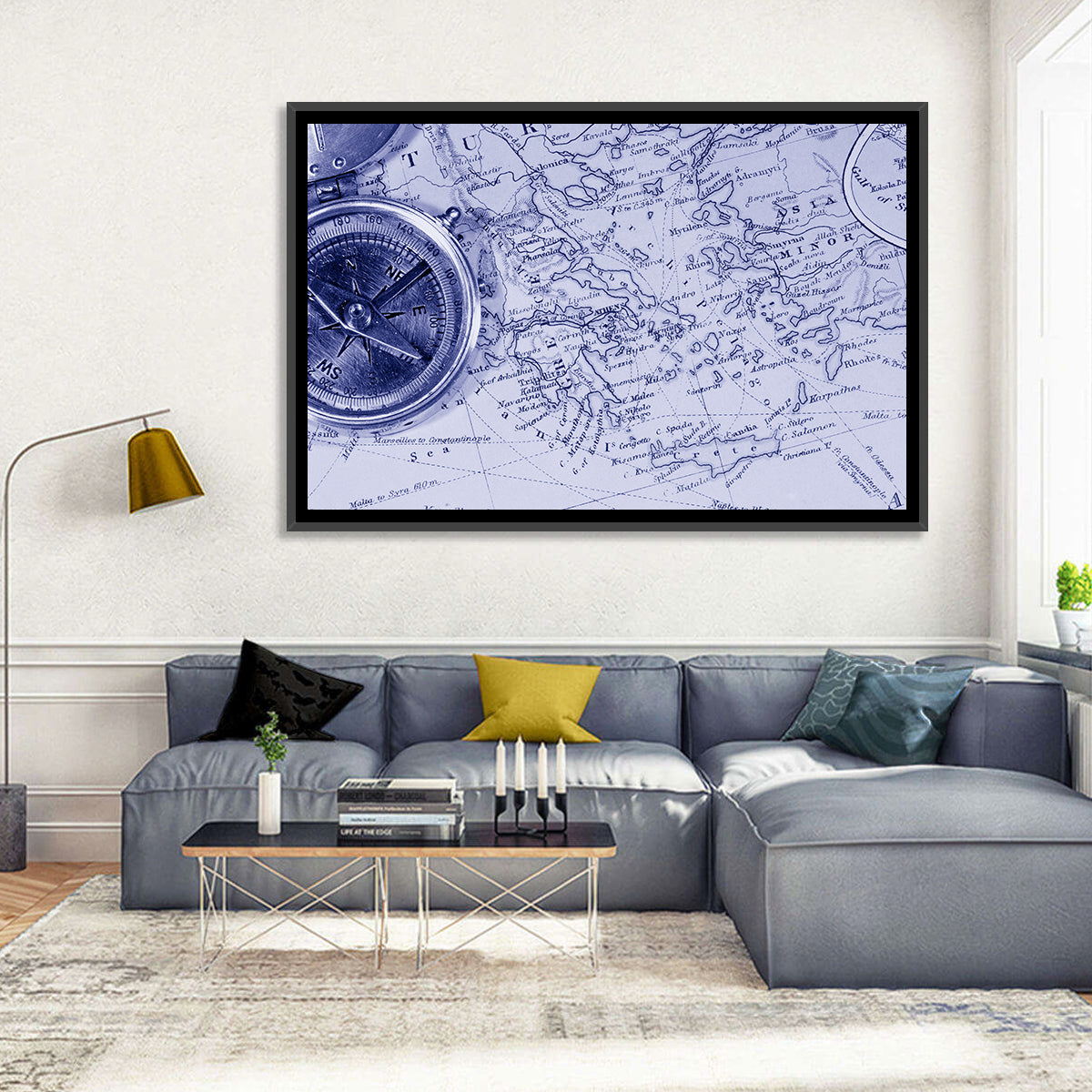 Aegean Nautical Map with Compass Wall Art in a room, landscape