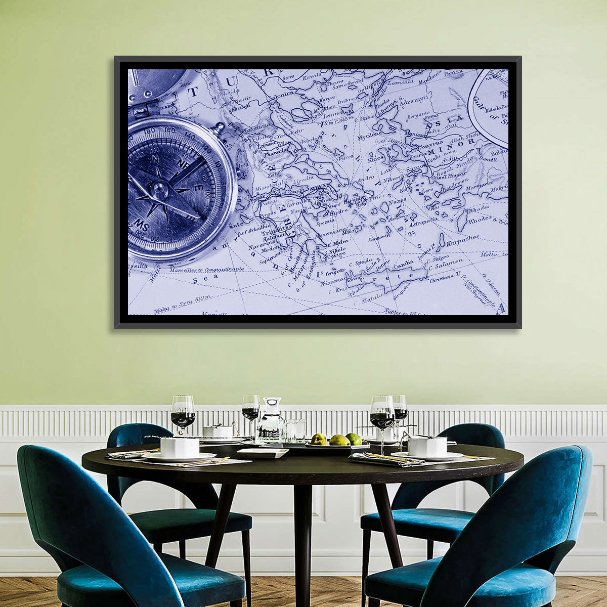Aegean Nautical Map with Compass Wall Art