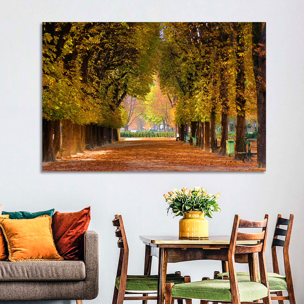 Golden Hour Autumn Path Wall Art in a room, landscape