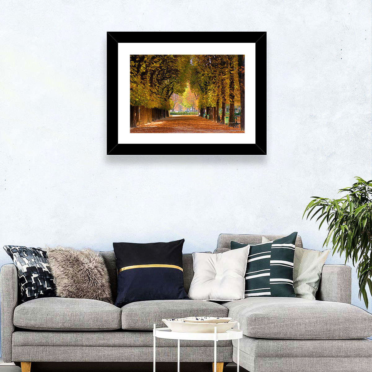 Golden Hour Autumn Path Wall Art in a room, landscape