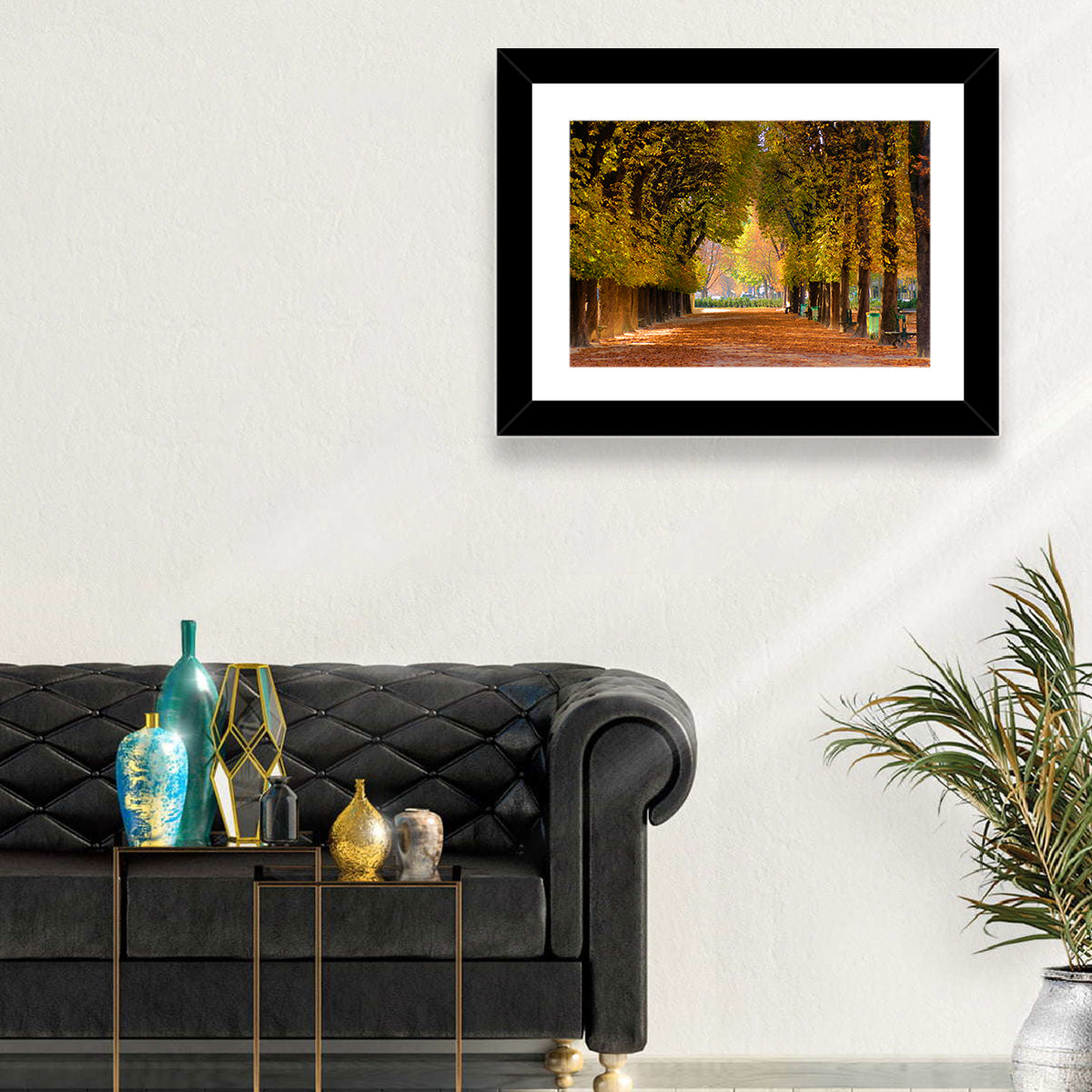 Golden Hour Autumn Path Wall Art in a room, landscape