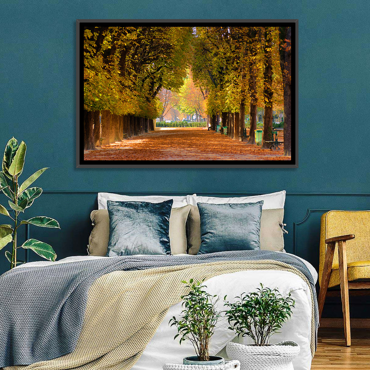 Golden Hour Autumn Path Wall Art in a room, landscape