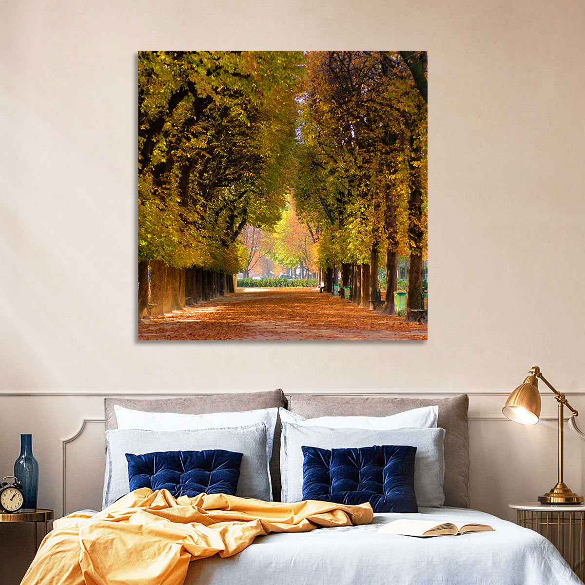 Golden Hour Autumn Path Wall Art in a room, landscape