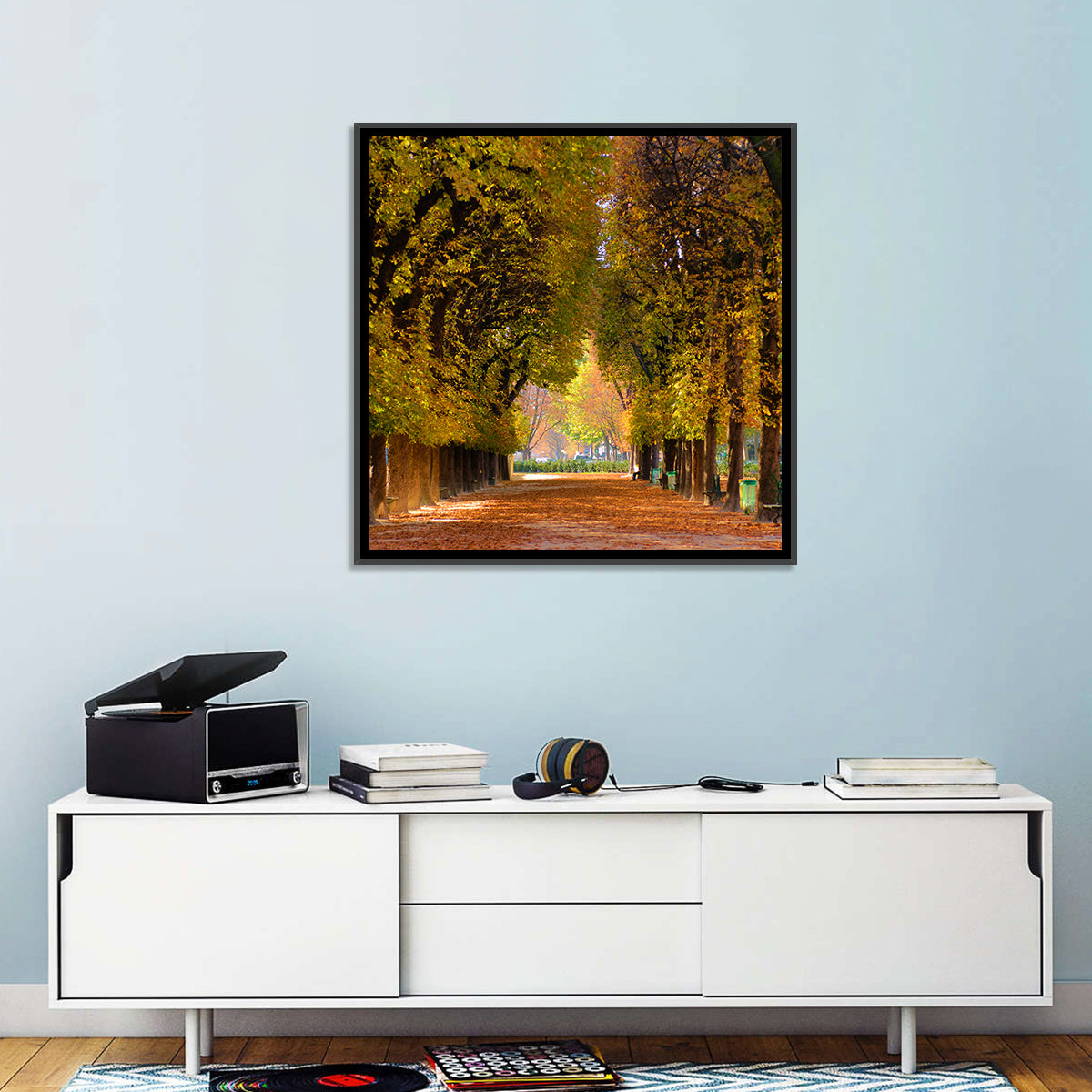 Golden Hour Autumn Path Wall Art in a room, landscape