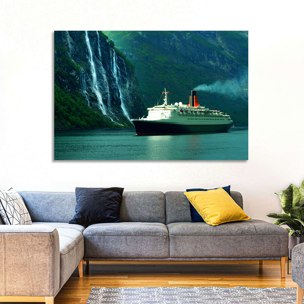 Cruise Ship at Geiranger Fjord Wall Art in a room, landscape