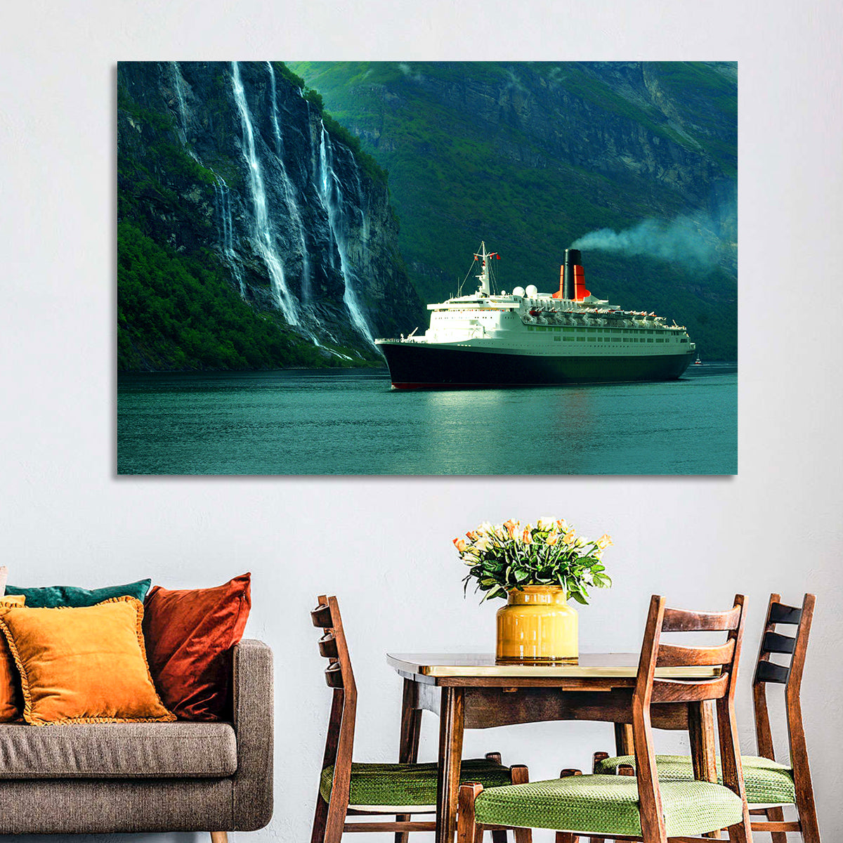 Cruise Ship at Geiranger Fjord Wall Art in a room, landscape