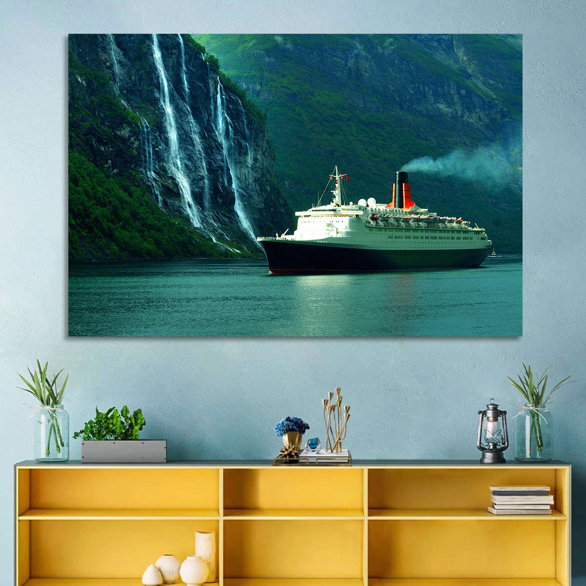 Cruise Ship at Geiranger Fjord Wall Art in a room, landscape
