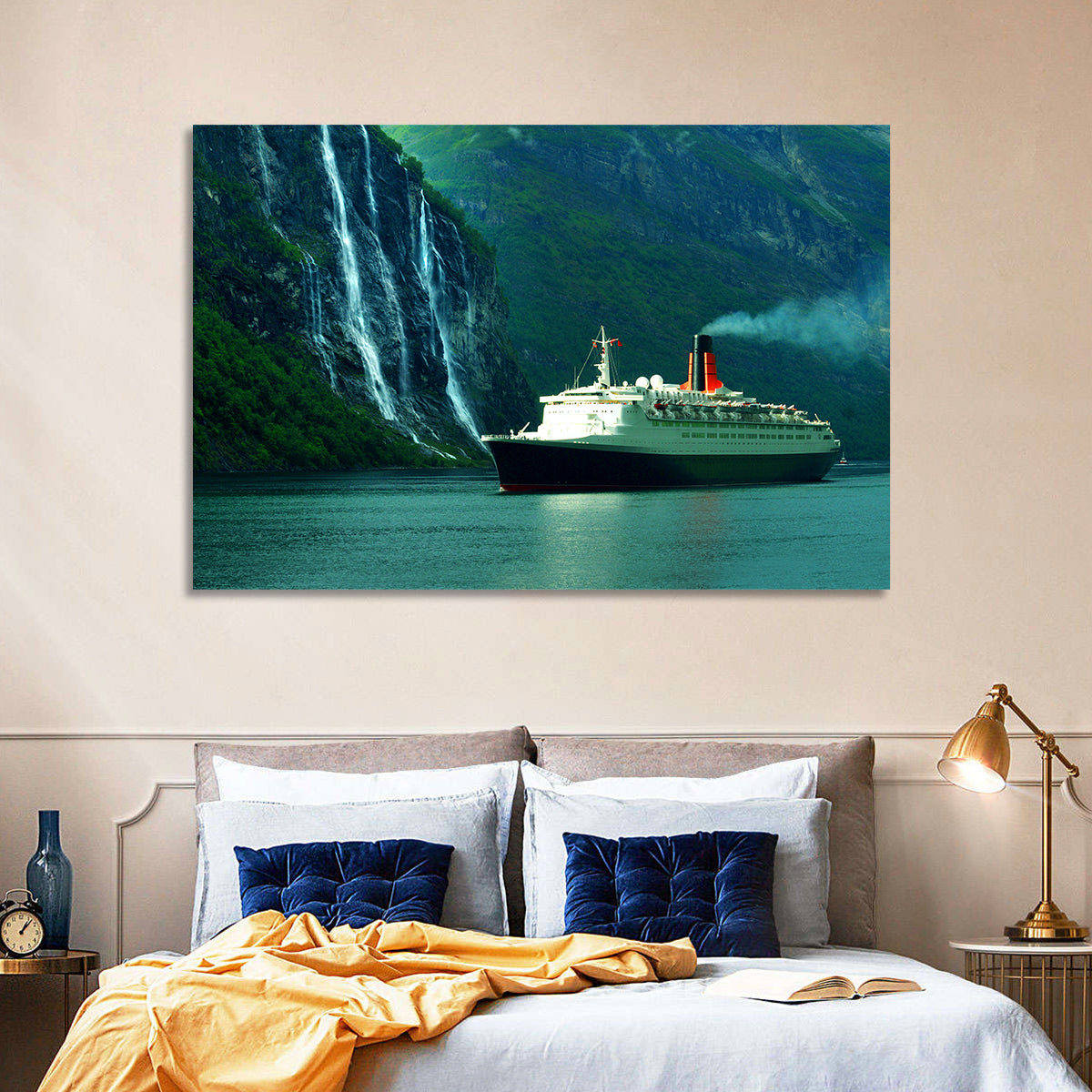Cruise Ship at Geiranger Fjord Wall Art in a room, landscape