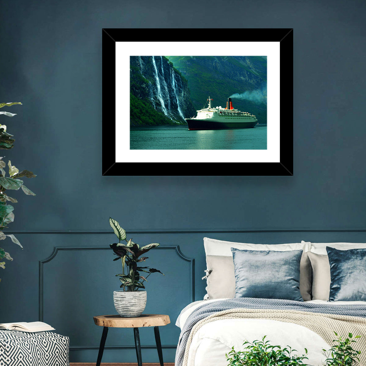 Cruise Ship at Geiranger Fjord Wall Art in a room, landscape