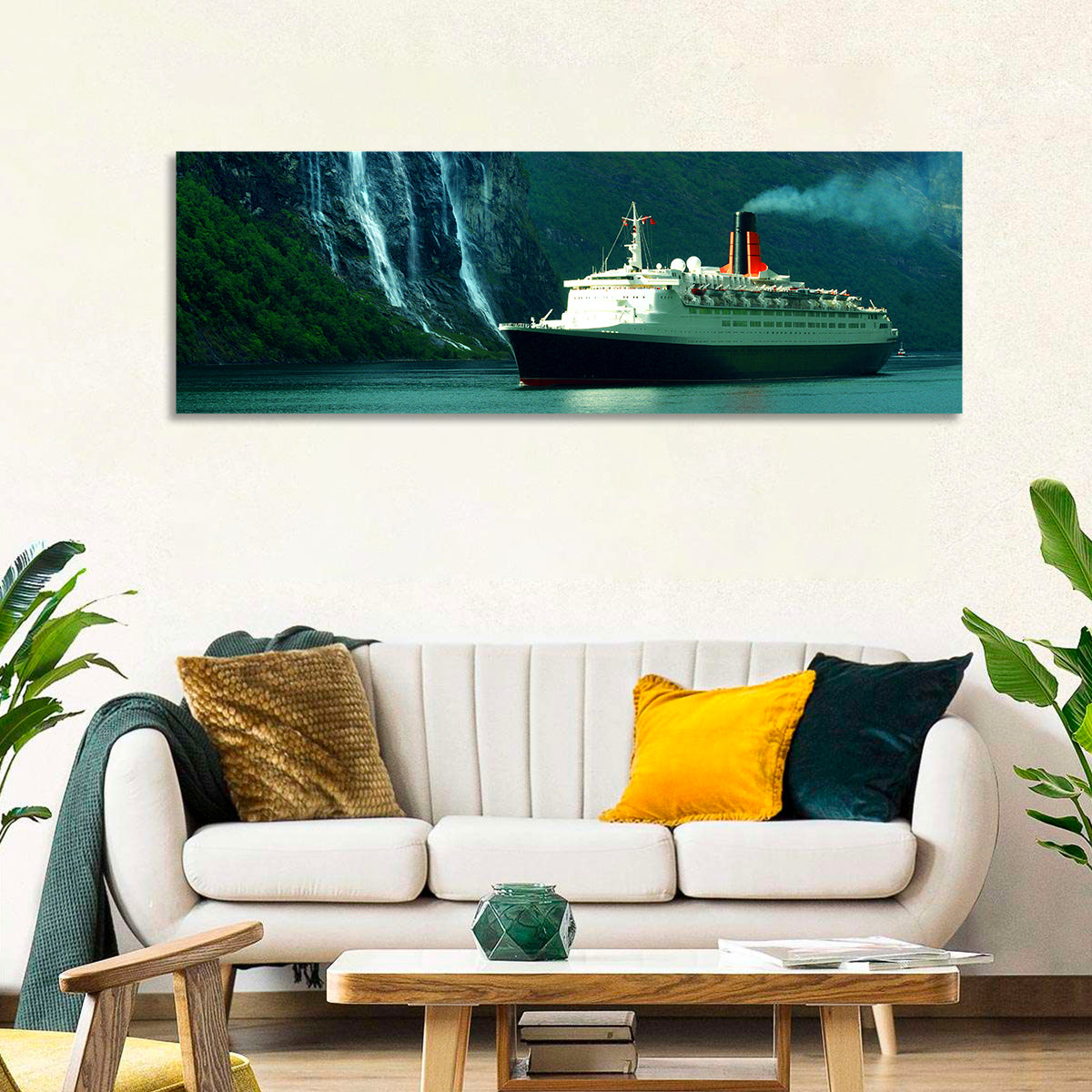 Cruise Ship at Geiranger Fjord Wall Art in a room, landscape