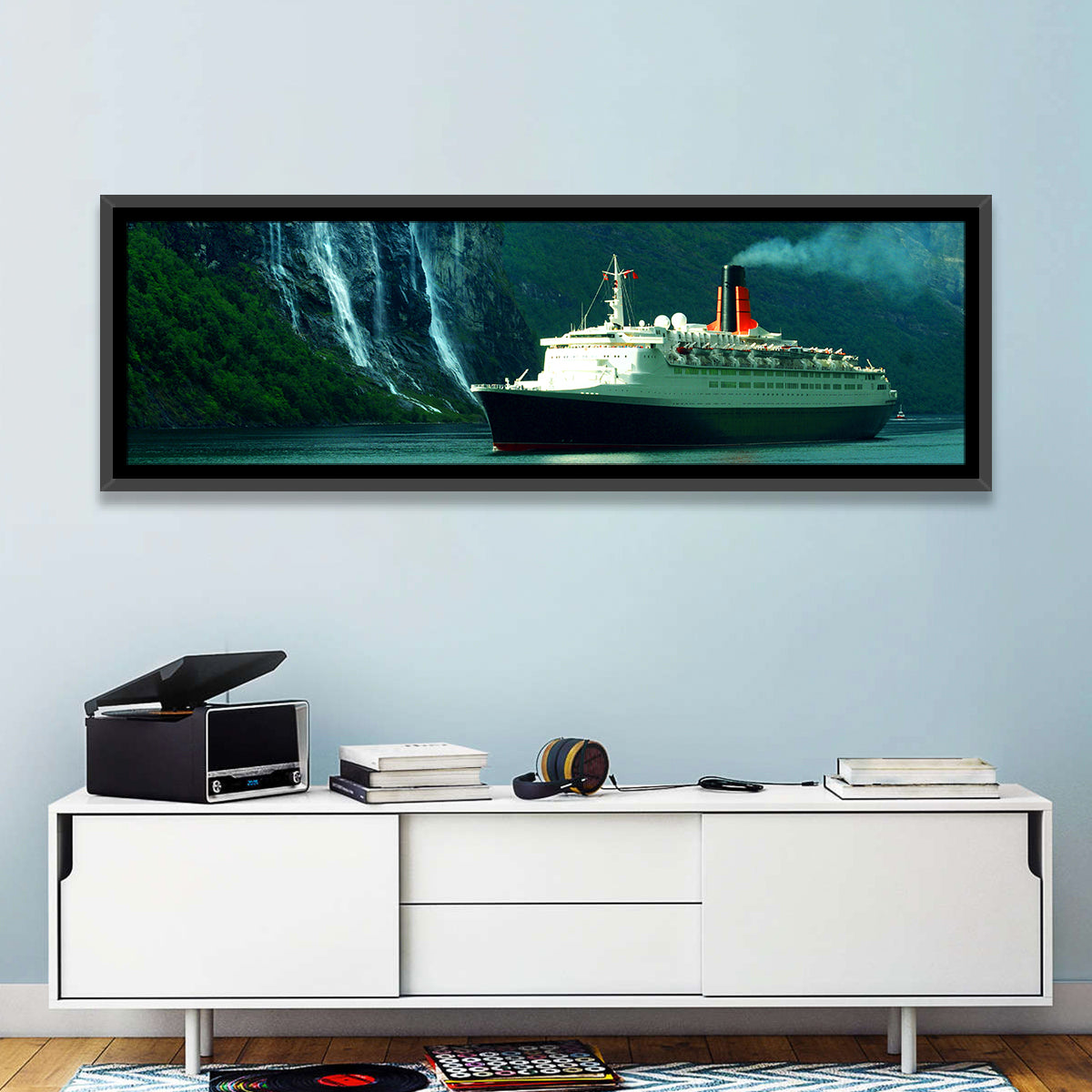 Cruise Ship at Geiranger Fjord Wall Art in a room, landscape