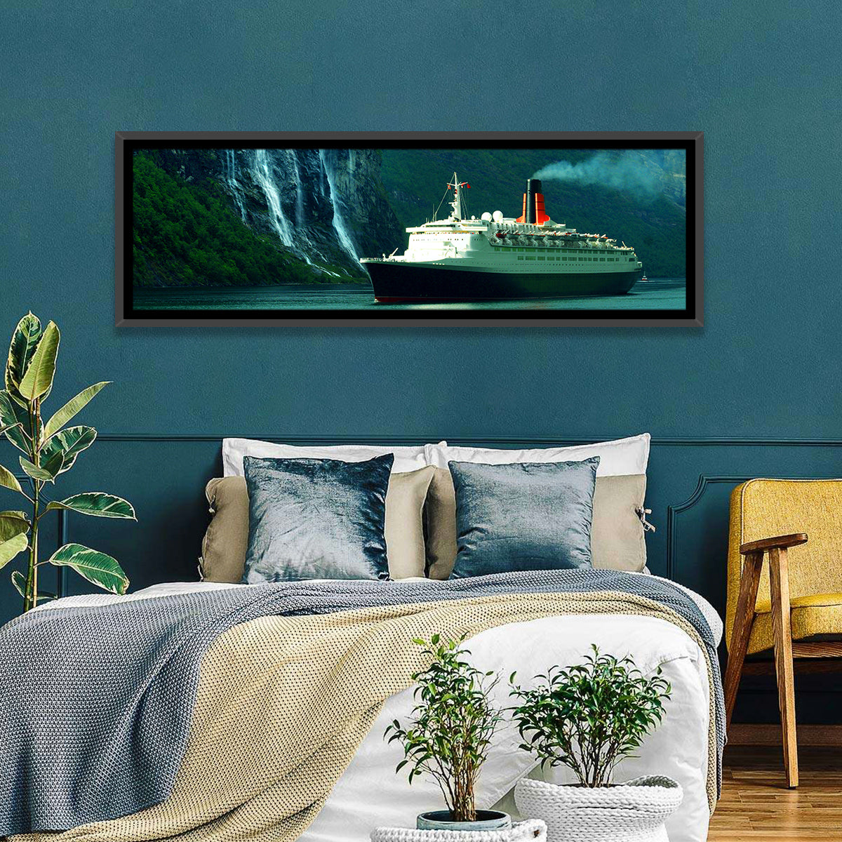 Cruise Ship at Geiranger Fjord Wall Art in a room, landscape
