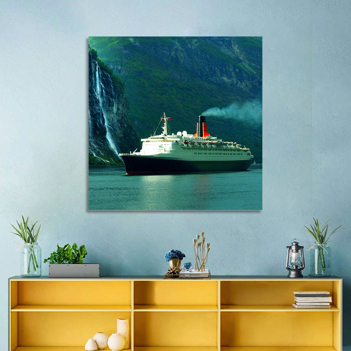 Cruise Ship at Geiranger Fjord Wall Art in a room, landscape